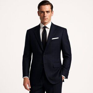 Vtg Burberrys' Men 40R Wool Windowpane Navy Suit Classic Old Money Heritage Icon